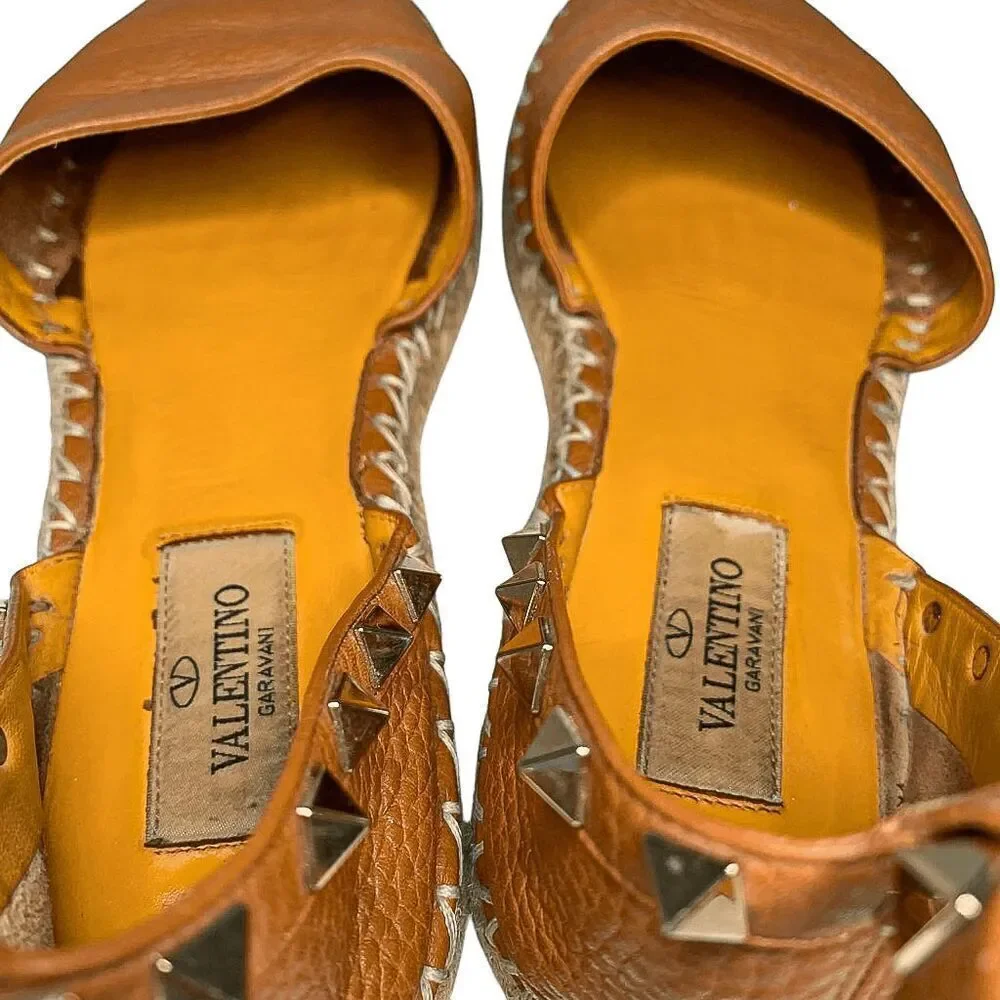 Valentino Garavani Rockstud Espadrille Studded Ankle Wrap Flats EU 37 US 7 Brown